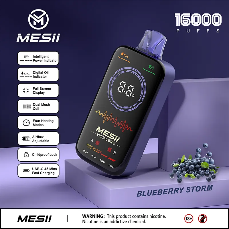 MESII Visual Boxx 15K 16k Puff Bar 15000 16000 Puffs Djechy Pióro Pióra Pen PET PEŁNEGO EKRETU PEWAMI CEKII ZAKATEK PREFILALE 18 ml Regulowany przepływ powietrza Vaper