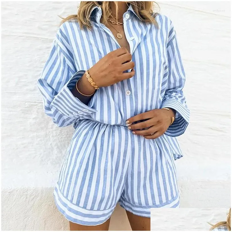 Kvinnor Tracksuits Spring Summer Long Sleeved Single Breasted Shirt Suit Casual Beach Shorts Outfits Enkel randig tryckt 2 -stycken DRO DHSP1