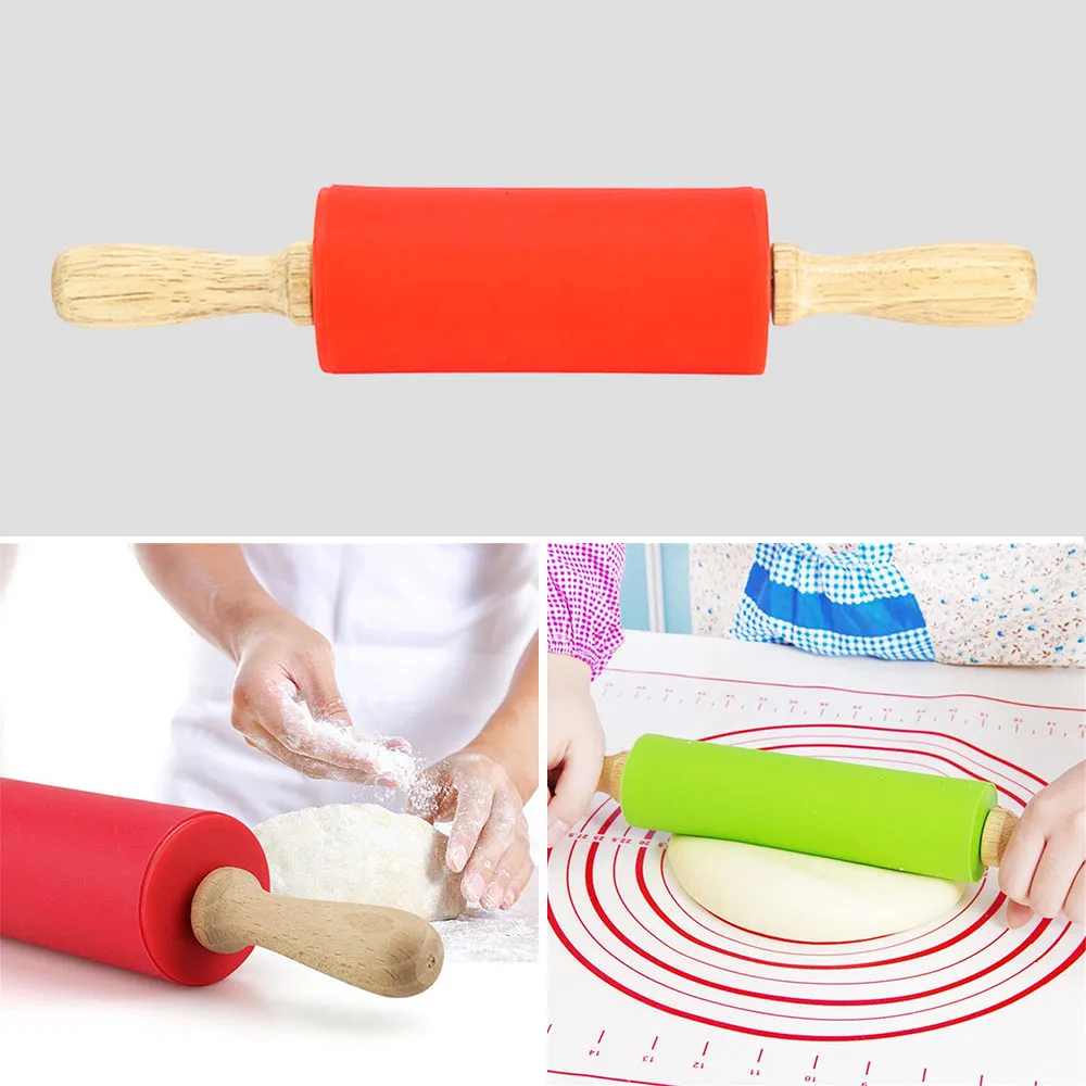 Non-Stick Silicone Rolling Pin with Wooden Handle - Smooth Dough Roller ...