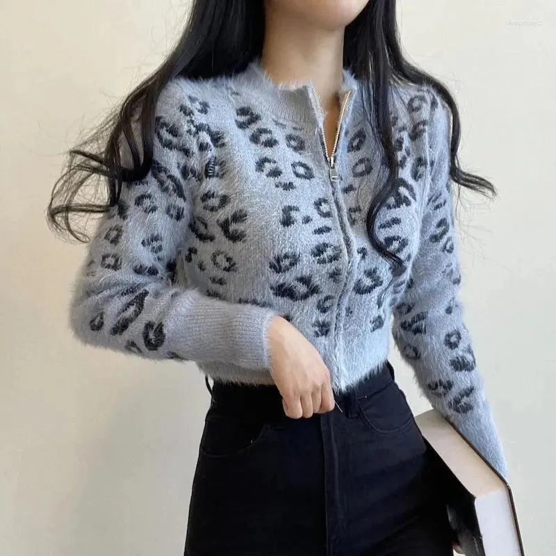 Women's Knits Biyaby Leopard Print Cropped Knitwear Women Vintage Thick Long Sleeve Sweater Coats Woman Sexy Skinny Zipper Knitted Cardigan