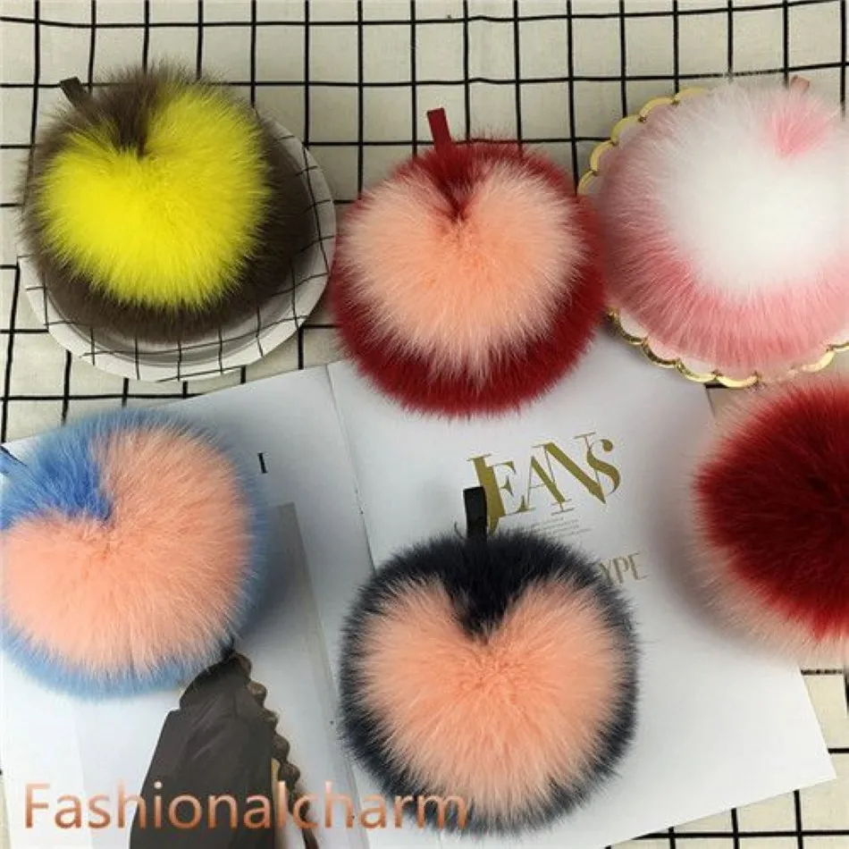 15cm Real Fox Fur Ball Coração em forma de pompom saco charme keychain keyring tassels301n