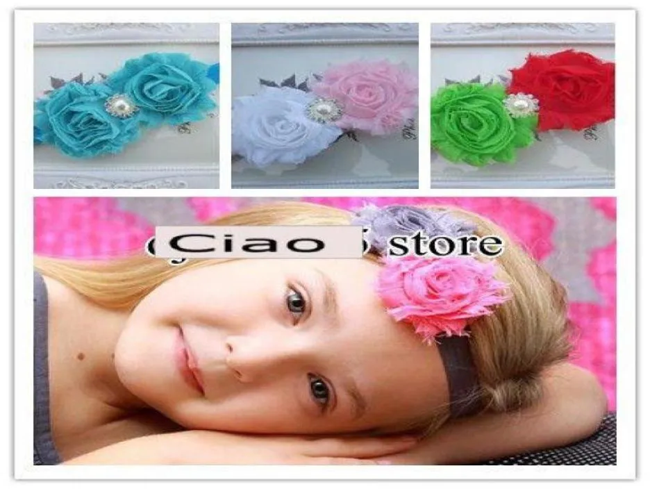 Kids Stirnband mit doppelter 25quotshabby ausgefranter Blumen Strass -Pearl -Knopf Chiffon Spitze Blumen6761219