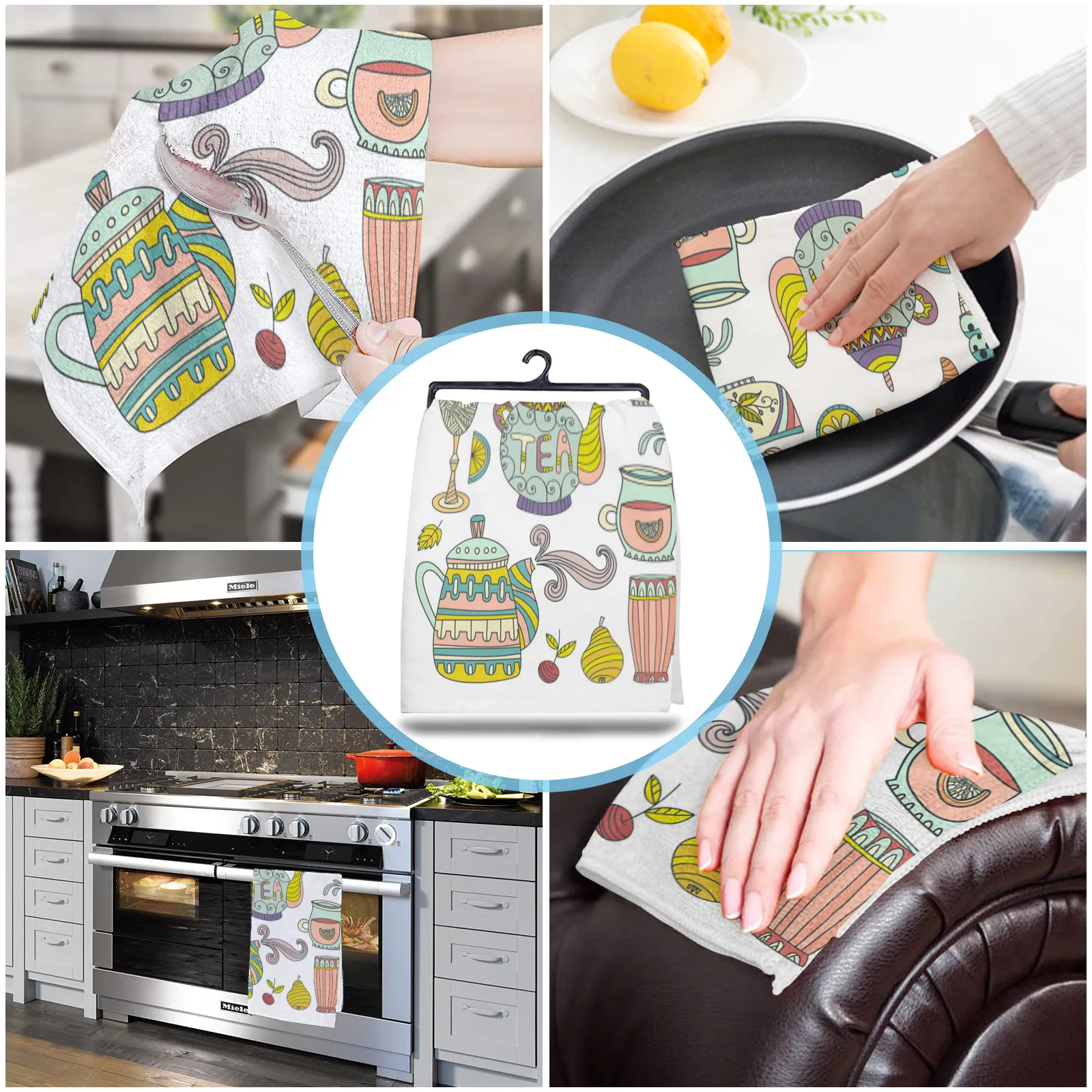 Teapot Pastry Fruit Teacup Flowers Microfiber Cleaning Cloths Hand Towels Dishcloth Utensils For Kitchen House Things Wipe Towel