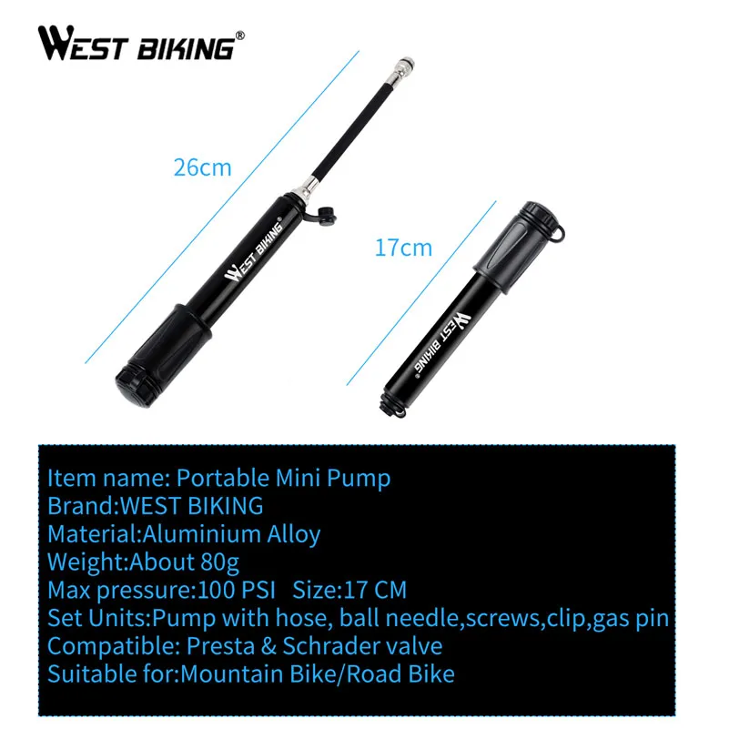 WEST BIKING Mini Bike Pump 120PSI Cycling Hand Air Pump Tire Inflator Schrader Presta Valve Bicycle Accessories MTB Bike Pump