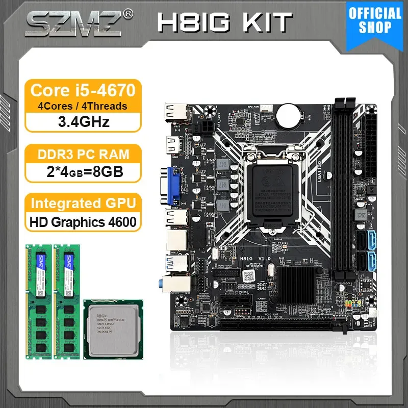 Cartes mères SZMZ H81 Kit de carte mère LGA 1150 avec Core i5 4670 Processeur 8 Go DDR3 Mémoire + HD Graphics 4600 PLACA MAE LGA1150 SET H81