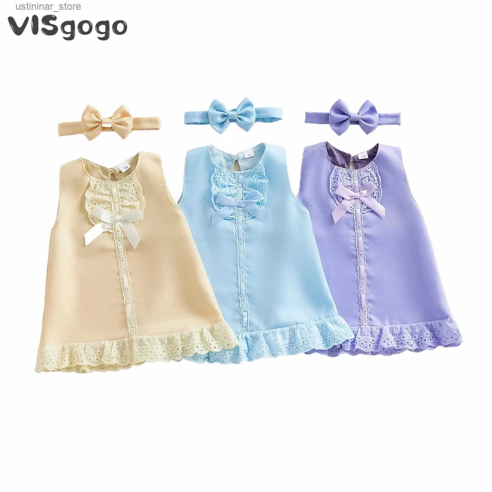 Mädchenkleider Visgogo Baby Girls Sommerkleider ärmellose O Hals Spitzenverkleidung Bug Bug Feste Farbe A-Linie Prinzessin süßes Kleid Stirnband Outfit L47