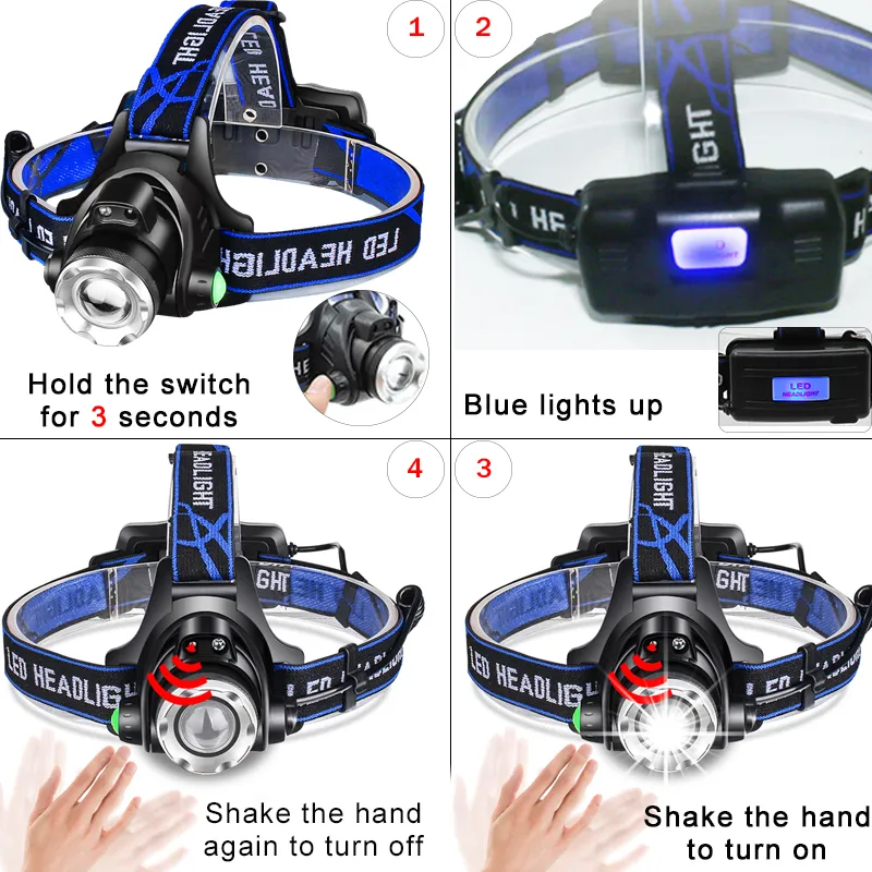 C2 LED -sensorens strålkastare mini fiskeljus 8000 lm 18650 zoomhuvudljus vattentätt pannhuvud strålkastare laddningsbara facklajakt