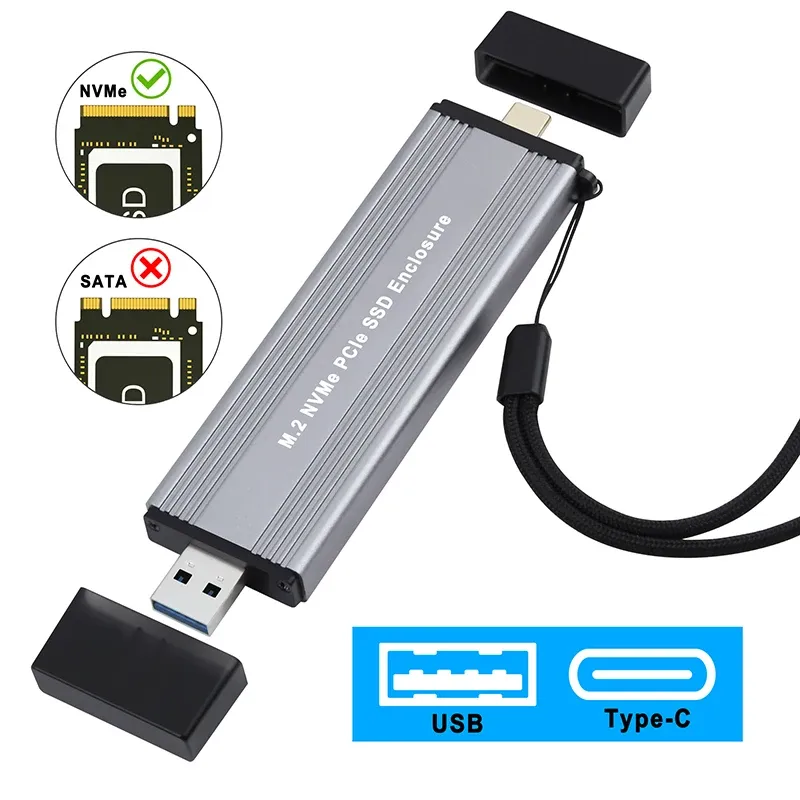 Kapsling M.2 NVME SSD -fall Externt kapsling USB3.1 Typea + USB 3.2 Gen 2 Typ C 10G M2 MKEY NVME till USB Adapter Box JMS583 Chip Strap