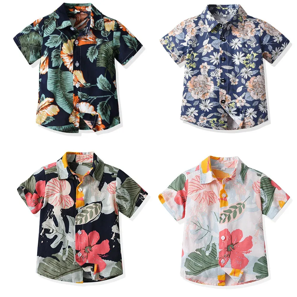 Sommarbarn kläder pojkar kort ärm skjorta hawaiian far och son blommor bomull casual cardigan matchande familjekläder 240327