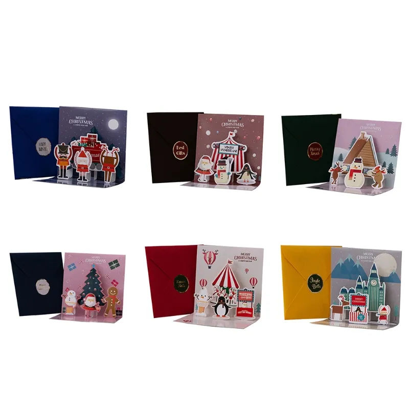 2024 New Set of 6 Merry Christmas Greeting Card 3D Pop-Up Card with Envelopes Stickers Xmas Tree Snowman Santa Postcard