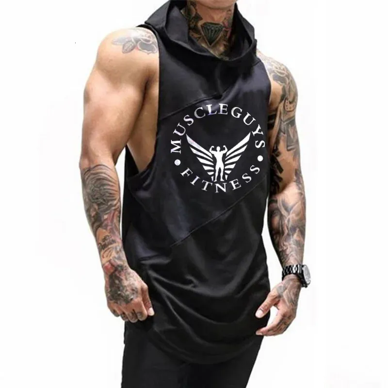 Muskel killar märke bodybuilding stringer tank tops hoodies tanktops fitness män gym kläder ärmlösa skjortor med hoodie 240329