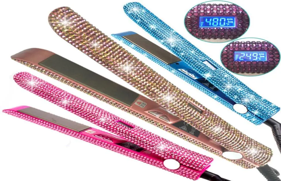 Kristal Rhinestone Saç Düzleştirici Titanyum Plaka LCD ile Dijital Ekran Kadın Saç Bakımı Stil Araçları 6073244