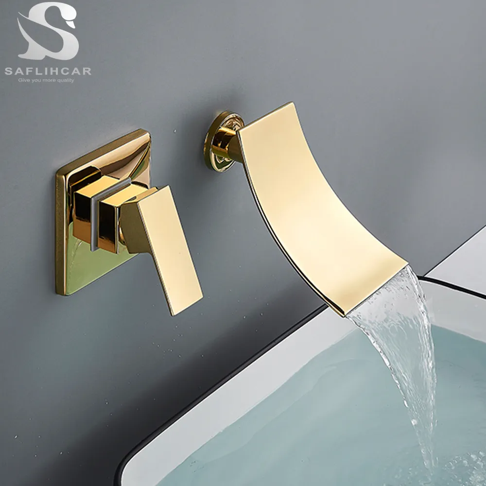 Saflihcar Matte Black/Chrome Bathroom Faucet Wall Mounted Waterfall Basin Faucets Basin Basin Tapsホットコールドウォーターミキサータップ