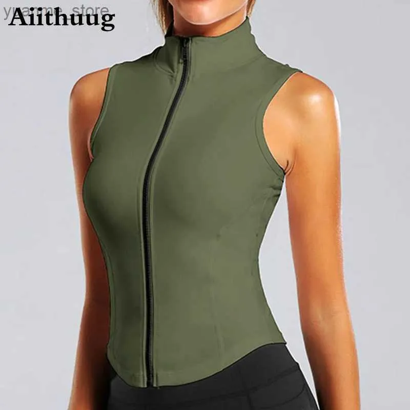 Yoga -outfits aithuug sport zipper sportvest jas mouwloze hardloop yoga top hoge nek sport shirt fitness dames sport top y240410