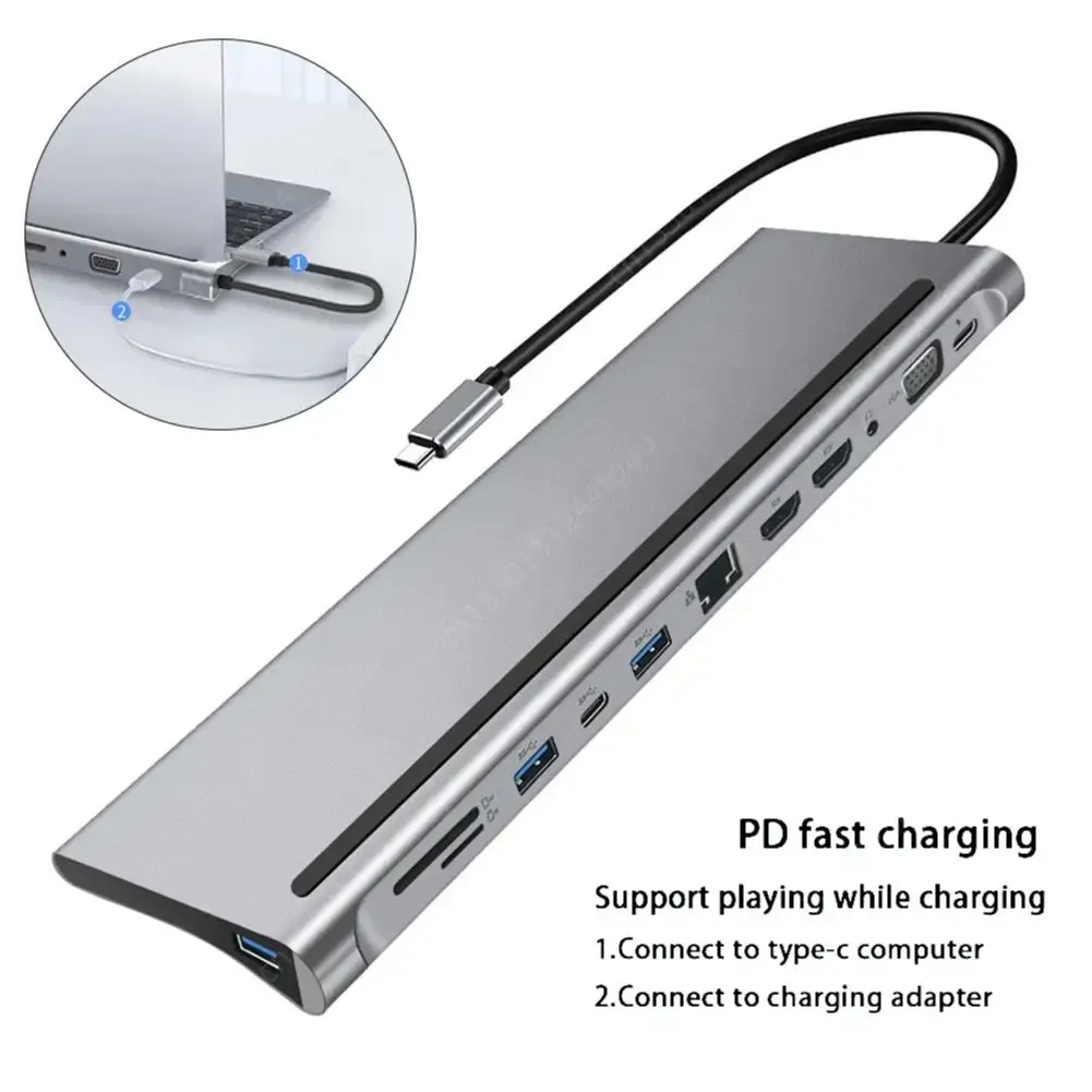 Hubs Mini USB typ C Hub 4k 12port Adapter USB 3.1 do podwójnego HDMompatible Splitter 12IN1 Docking Station Laptop dla MacBooka