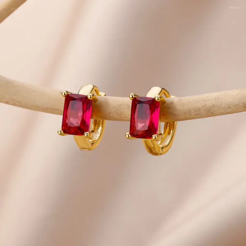 Hoop Earrings Red Zircon Square For Women Stainless Steel Gold Plated 2024 Trendy Luxury Ear Buckle Earring Jewelry Gifts