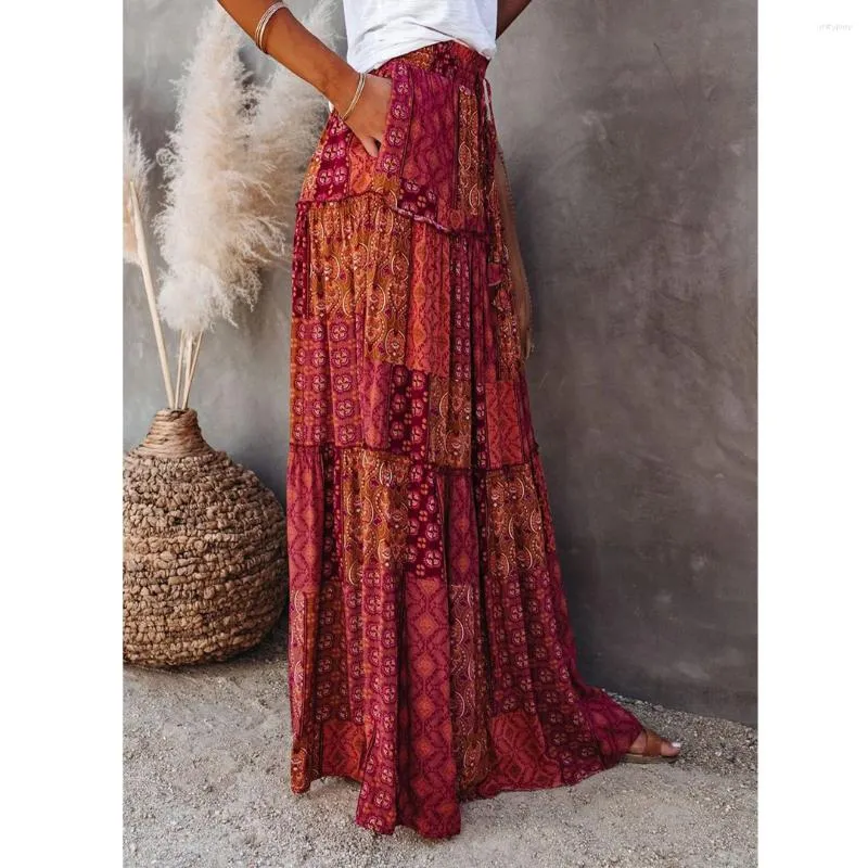 Indian Trendy Women's Chiffon Maxi Skirt - Elastic Waist Full Length Vintage Beach Skirt