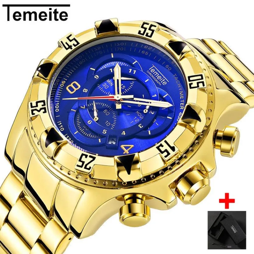 Drop Temeite Men Watch Chronograph Gold Business Quartz regarde les hommes Sport Sport Military Male Hommes Montreuses 2197