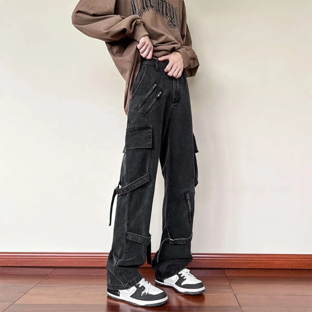 American Vibe Pants Ins High Street Trendy Brand Black Strap Jeans Heren Rechte Fit Zippered Workwear Pants Spring