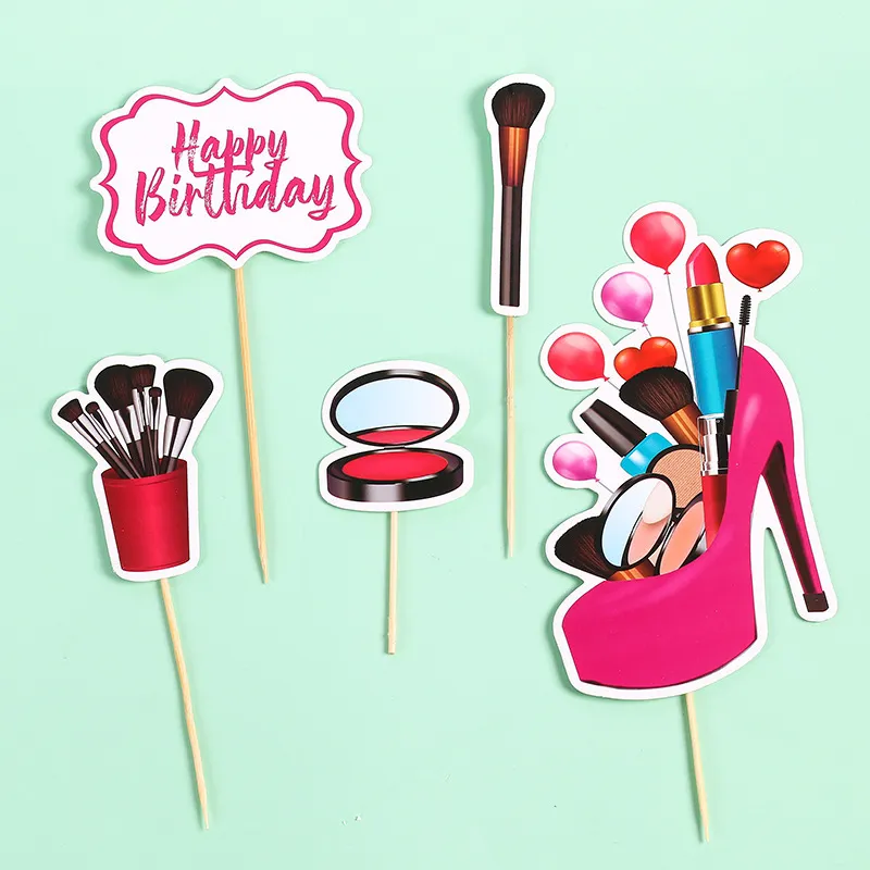 New High Heel Girl Cake Topper Lipstick Lady Cosmetics Birthday Party Perfume Cupcake Toppers Happy Birthday Dessert Cake Decor