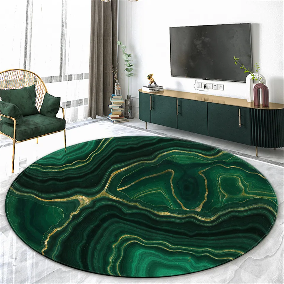 Nordisch dunkelgrüner Marmor runder Teppich für Wohnzimmer Moderne Flanellschwamm Matte für Schlafzimmer Couchtisch Teppich Home Dekoration