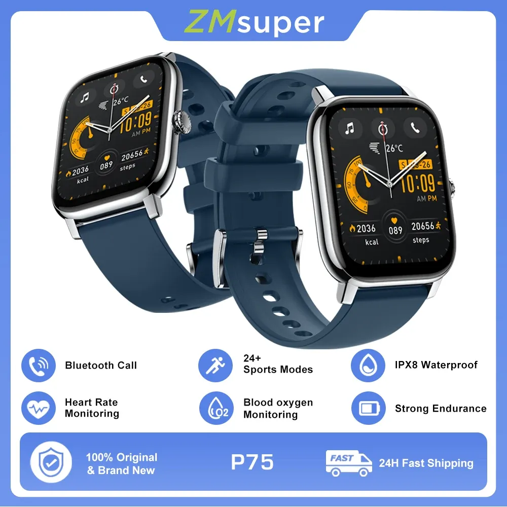 Uhren P75 Smart Watch 1,85 "HD -Display Bluetooth Call Blutdruck Herzfrequenz Schlafmonitor IPX8 WASGERFORTE Smartwatch für Männer Frauen