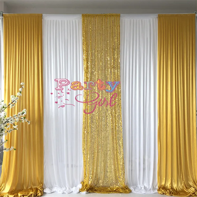 Biały i złoty jedwabny jedwabny ślub Wedding Curtain cekin tło scena do dekoracji imprezowej imprezy