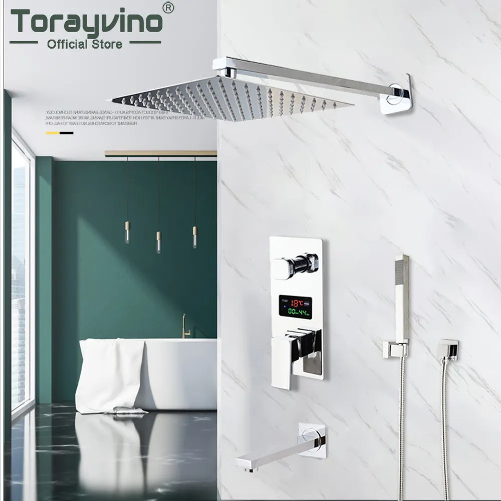 Torayvino Luxury Want Want Seam Set Set Wall Mounted Systems Systems Leash Fall Chrome Digital Display Mixer Water Tap