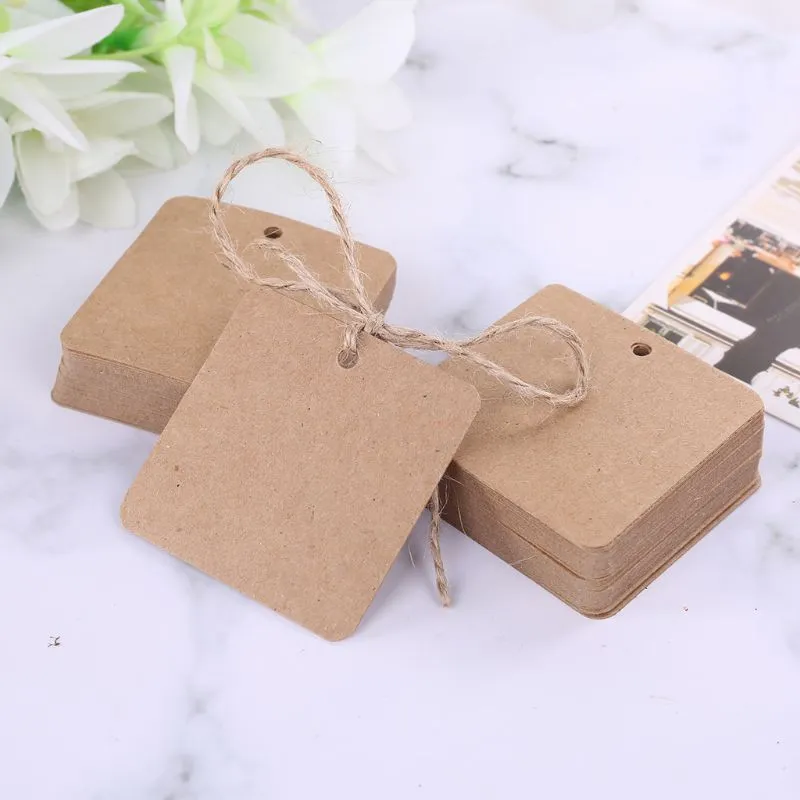 2024 New Blank Square Kraft Paper Gift Hang Tags Wedding Label Price Card Craft with 10m Jute Twine