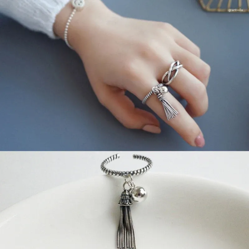 With Side Stones BIG J.W 925 Sterling Silver Open Rings For Women Retro Old Twist Tassel Hanging Beads Pendant Ring Valentine's Day Gift