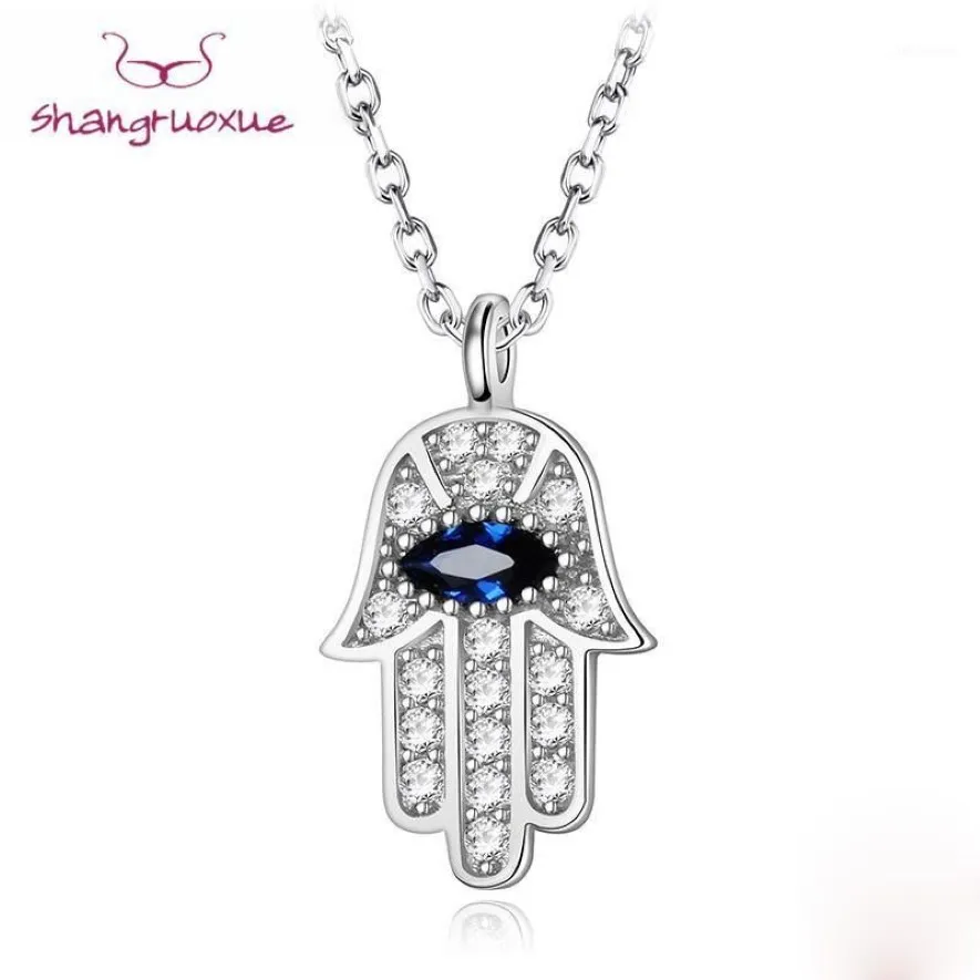 Kolye Kolye Boho Blue Eye Real 925 Sterlling Gümüş Zirkon Hamsa Fatima Kolye El Lady Kristal Takı Suç Vintage 3072