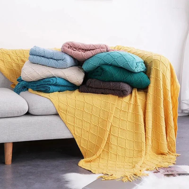 Filtar tråd filt med tofs solid rosa grå kaffekast för sovrum soffa hem textil modekapapning stickad