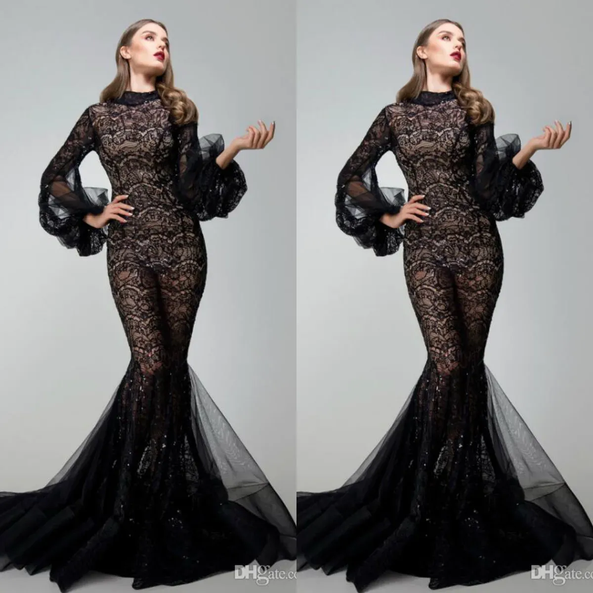 Robes de bal Yousef Aljasmi 2024 avec des manches longues Sexe sexy noire haut de couïde robes de soirée balayez la robe formelle