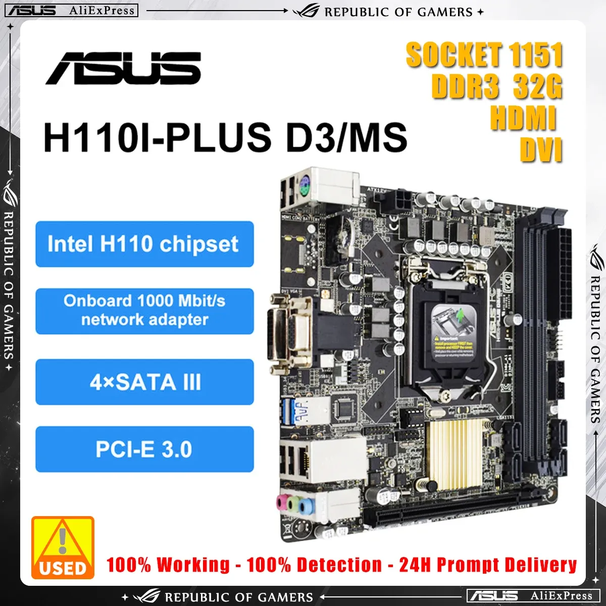 Motherboards Asus H110IPLUS D3/MS Motherboard Kit with i5 6500 CPU Kit H110 Chipset Supports DDR3 32 GB Memory Suitable for Core i7 i5 i3