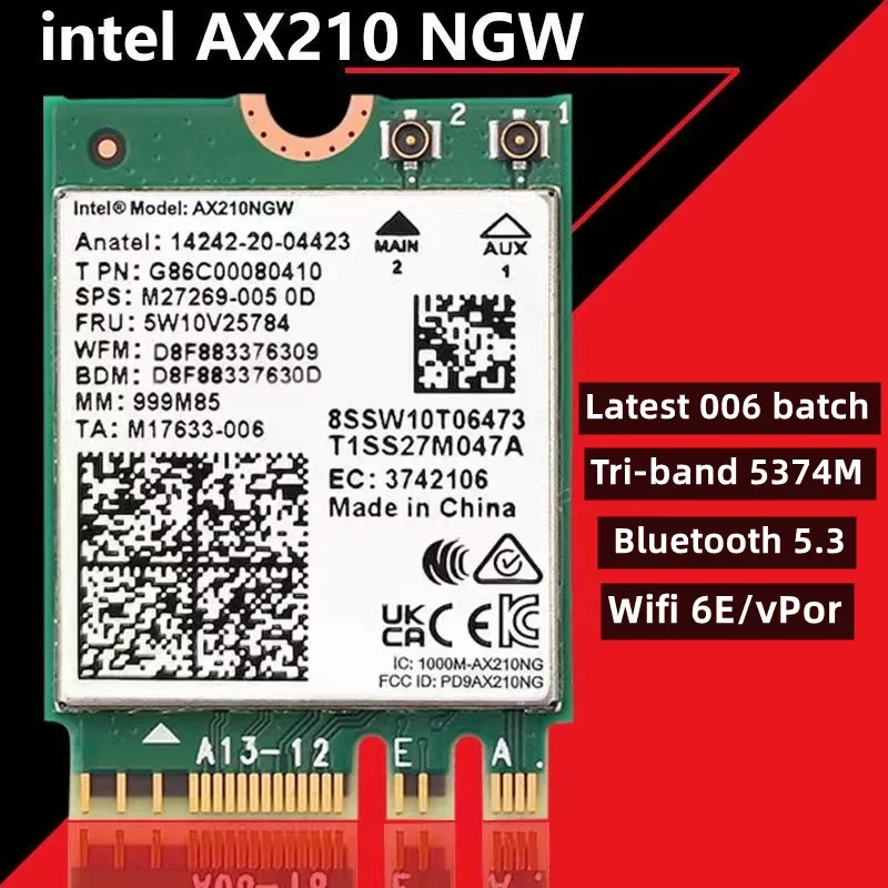 Karty WiFi Adapter Intel AX210 Network Connection Bluetooth 5.3 M.2 Interfejs 2.4 GHz 5GHz 6 GHz 5374 MBPS WiFi 6 Adapter Laptop