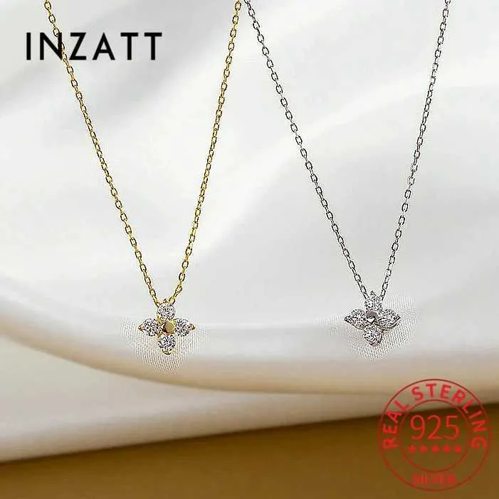 Pendant Necklaces INZATT Real 925 Sterling Silver 8mm Zircon CZ Clover 14K Pendant Choker Necklace For Women Minimalist Cute Plant Fine Jewelry 240410