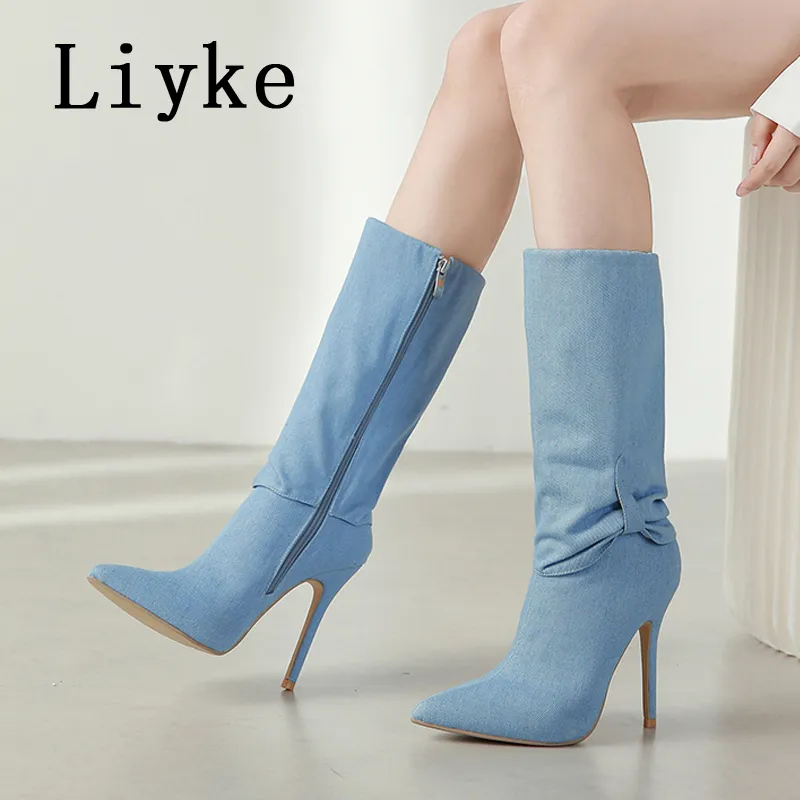 Denim Knee High Boots Pointed Toe, Thin Heels Sexy Party Dance Shoes!  Shop Now!