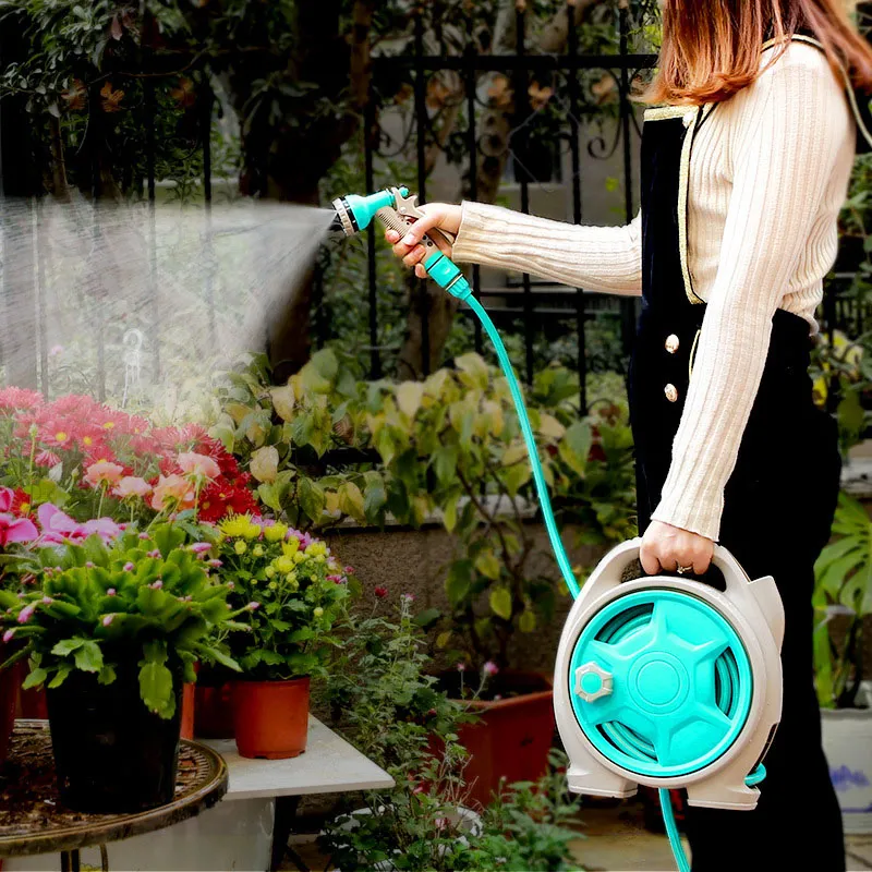 Mini carrello per tubo per tubi da giardino portatile con pistola a spruzzo d'acqua set di pistole agricole da giardino da giardino camerino per tubo di lavaggio in auto