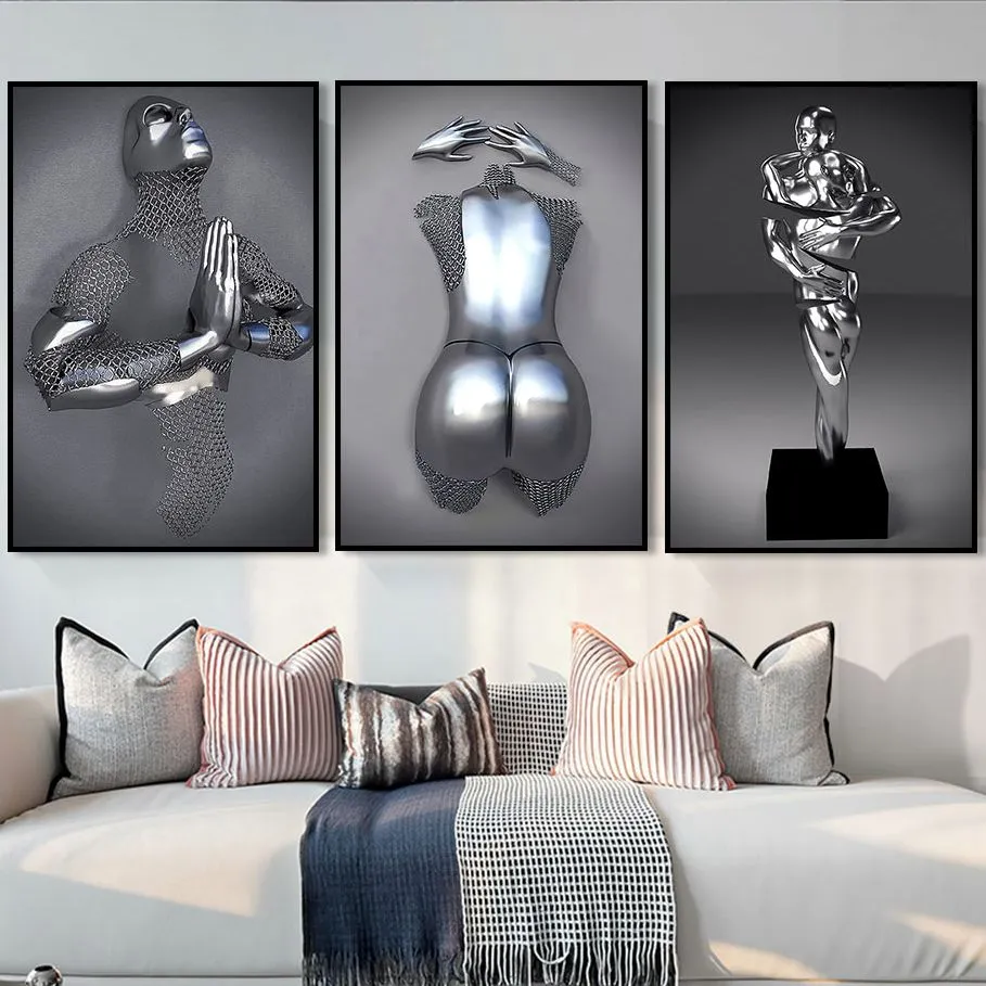 Romantisches Paar Skulptur Poster Metallfigur Statue Leinwand Malerei Abstrakte nordische Wandkunst Wandbild für Wohnzimmer Home Dekoration