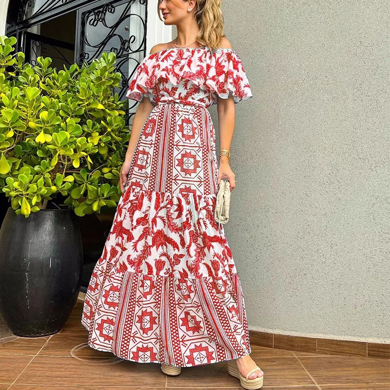 Bohemian Style Maxi Dress Floral Print Off-the-Shoulder Short Ruffle Sleeve  Middle Waist in Red or Blue from Dhgate Ethnic Clothing
