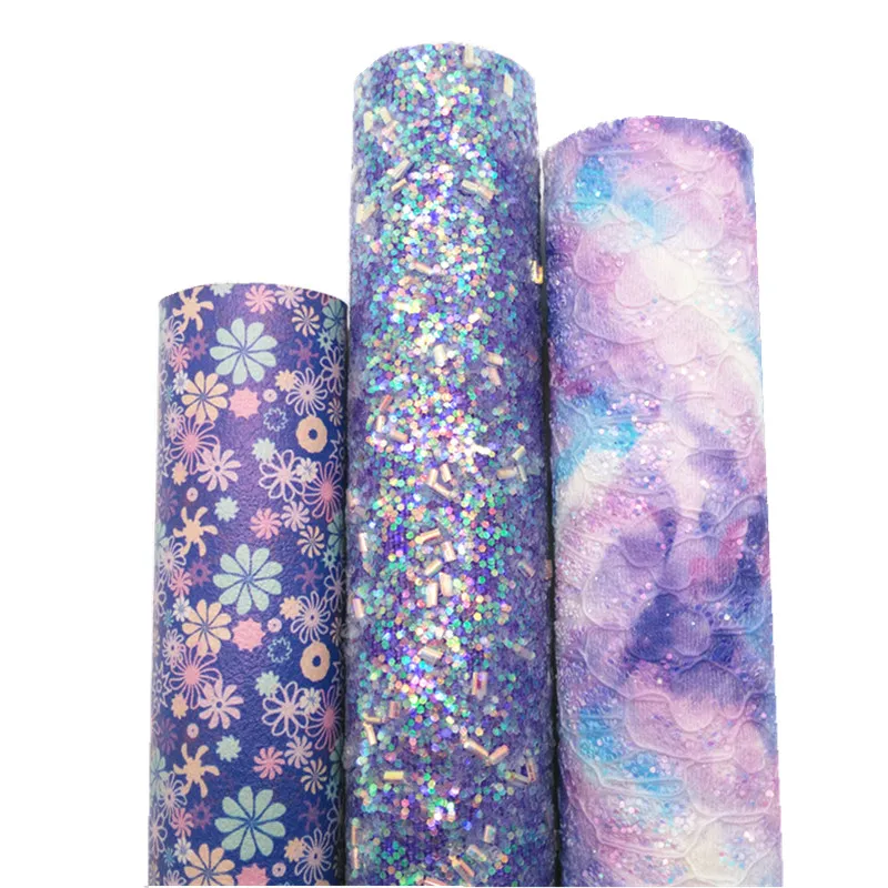 3PCS/SET Purple Pipes Glitter Vinyl Fabric Matching with Lace Glitter Flowers Printed Faux Leather For Bows DIY 21X29CM Q182