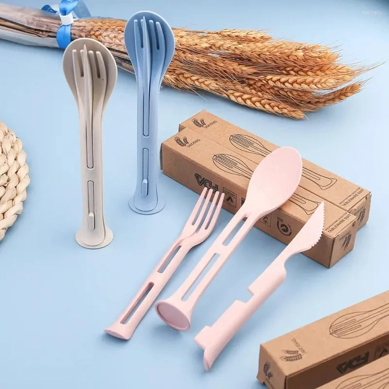 Ensembles de vaisselle 3pcs / set 3 en 1 Japan Style Wheat Fork Fork Spoon Travel Portable Couvreries