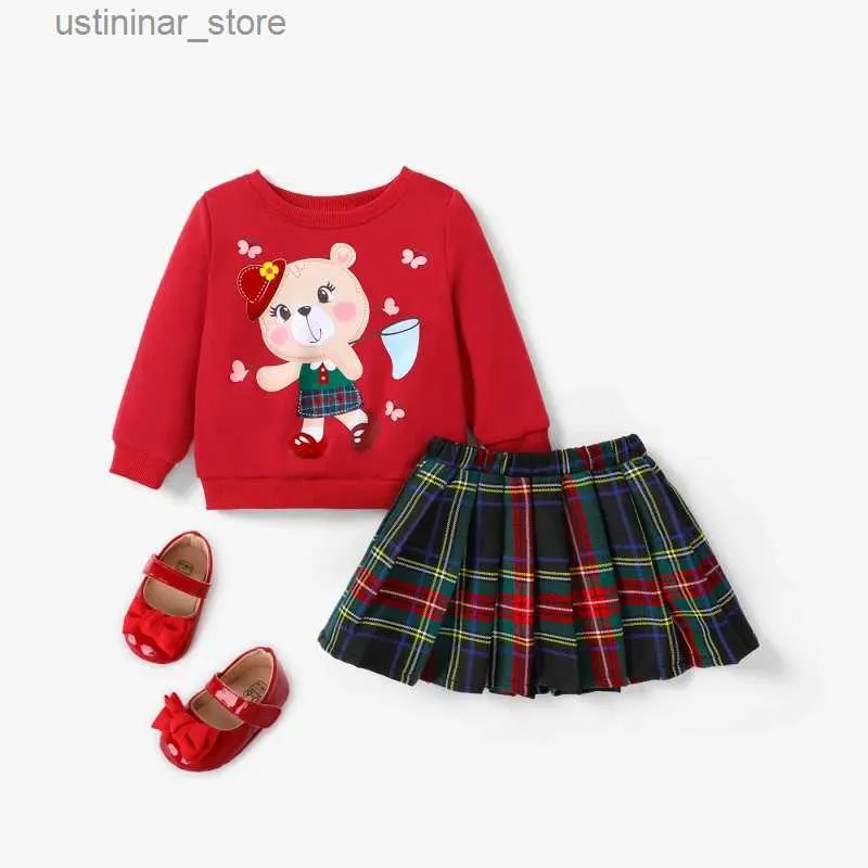 女の子のドレス2pcs女の女の子の動物パターンベアスウェットシャツと格子縞のスカートスクールスーツドレスl47
