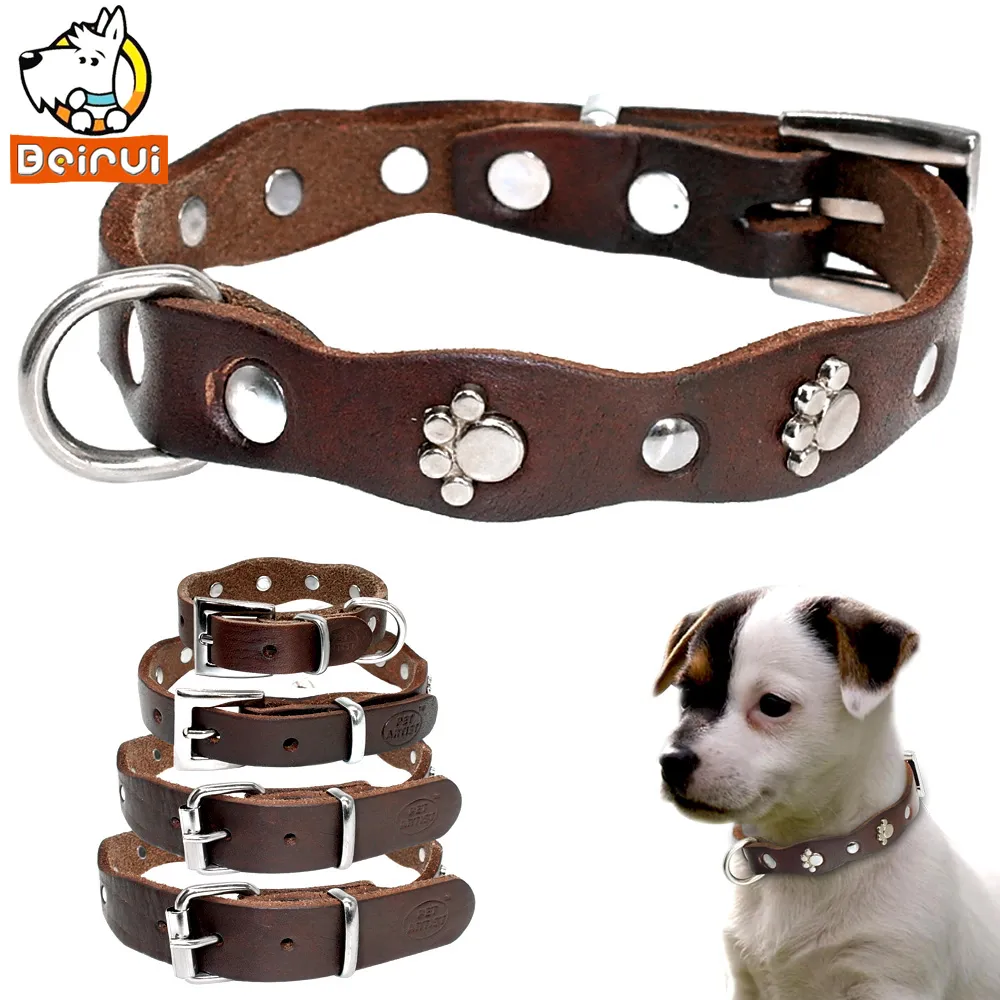 Genuine Leather Studded Dog Collar Soft, Adjustable Pet Collars for  Small, Medium Dogs Cats Brown, XXS to M Premium Pet Accessory