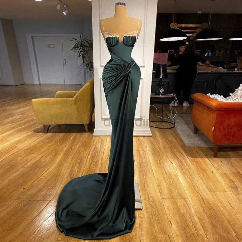 Urban Sexy Dresses Luxury Dark Green Satin Formal Evening Gowns Spaghetti Strap Crystal Beaded Pleated Strap Square Neck Womens Prom Dresses 2024 240410