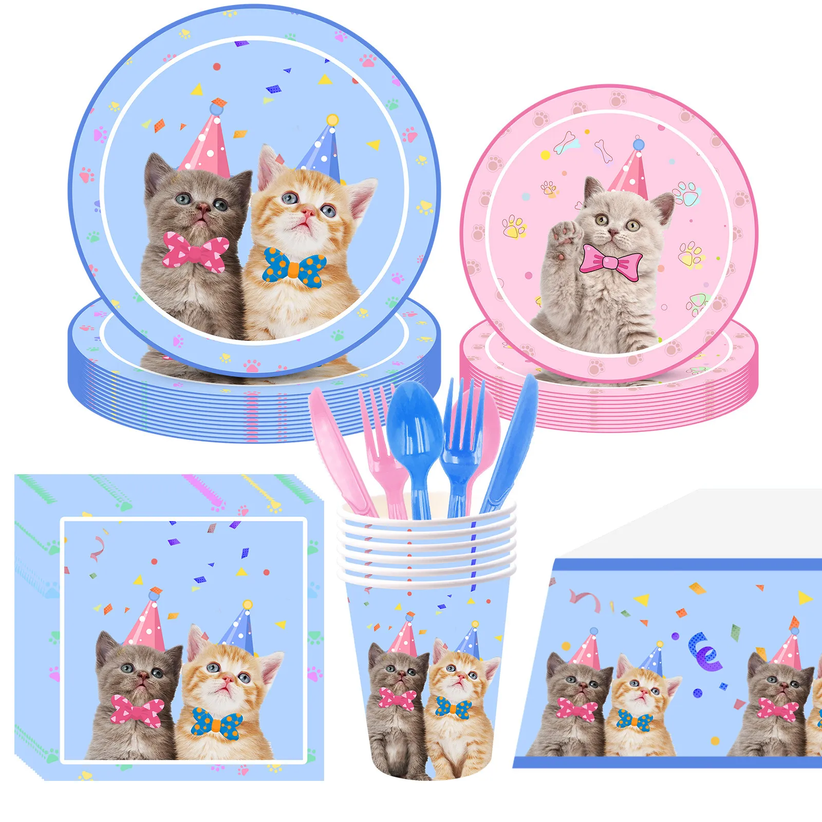 Pet Cat Party Supplies Plaque de dîner Assiets de desserts tasse de serviettes Banner Banner Cat visage jetable table de table décorations de fête