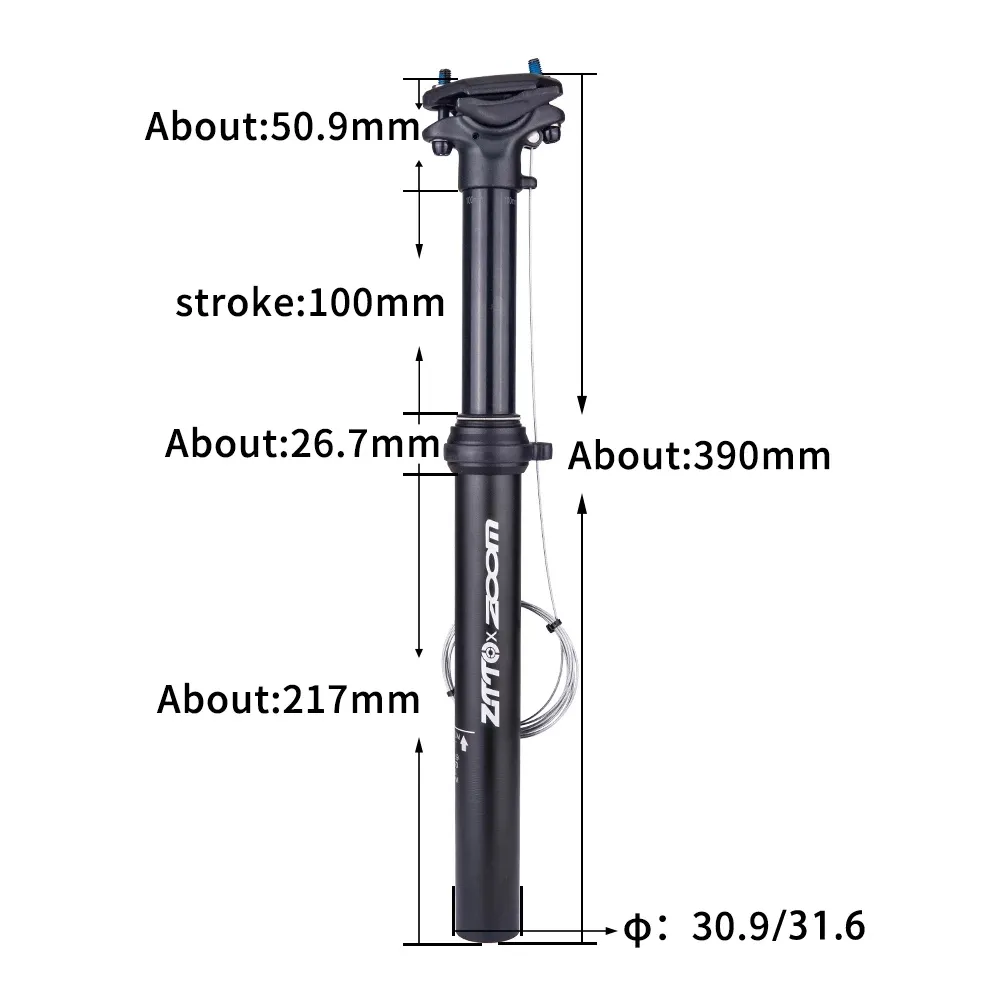 Tige De Selle Télescopique VTT - Alliage Alu, Course 100 à 170 Mm, Réglage Câble Sans Arrêt - 31,6 Mm