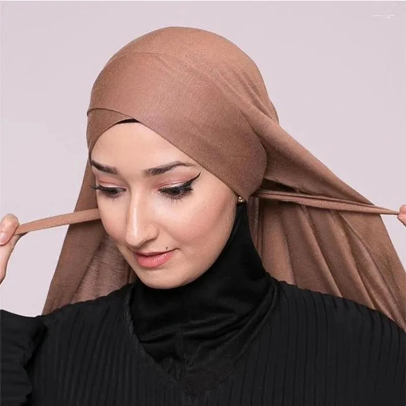 Etniska kläder muslimska tvärbindningsströja omedelbar hijab bra söm stretchy halsduk mjuk turban vanlig pannband wraps foulard