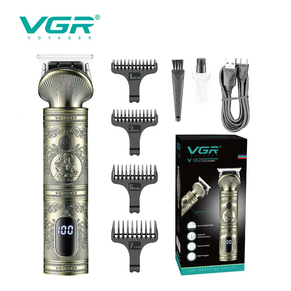 VGR Hair Trimmer Rechargeble Cutting Machine T9 Clipper Edgers Cutter Barber Digital Display 0mm Blade V962 240408