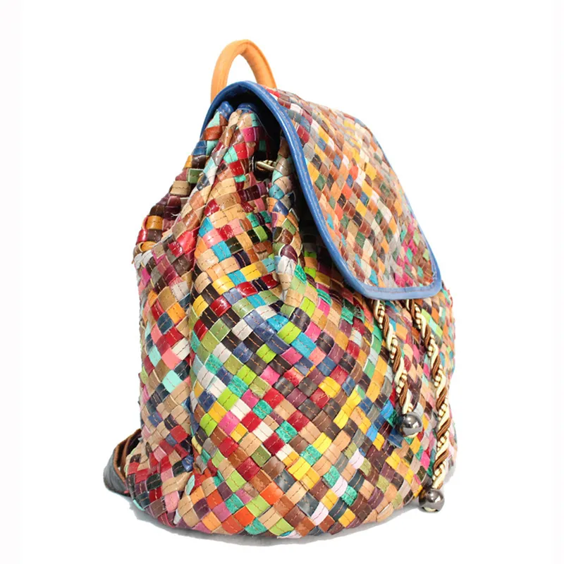 Vintage Style Leather Backpack: Colorful Handmade Woven  display picture 1
